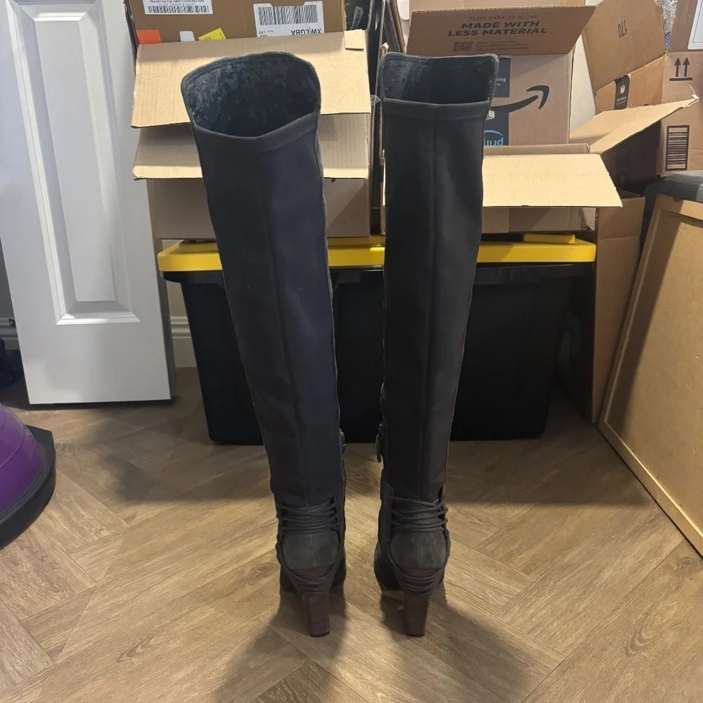 Dolce Vita Over the Knee Gray Suede Boots with Cord Detail around Heel